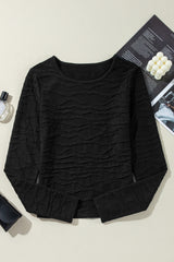 Black Solid Wavy Textured Slim Fit Long Sleeve T Shirt Long Sleeve Tops JT's Designer Fashion