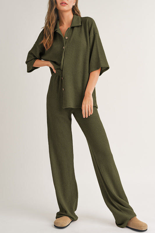 Four Leaf Clover Solid Color Textured Buttoned Shirt and Casual Pants Set Pant Sets JT's Designer Fashion