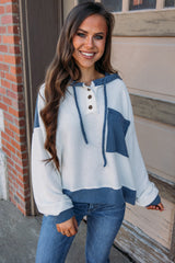 White Corded Colorblock Patch Pocket Drawstring Hooded Top Long Sleeve Tops JT's Designer Fashion