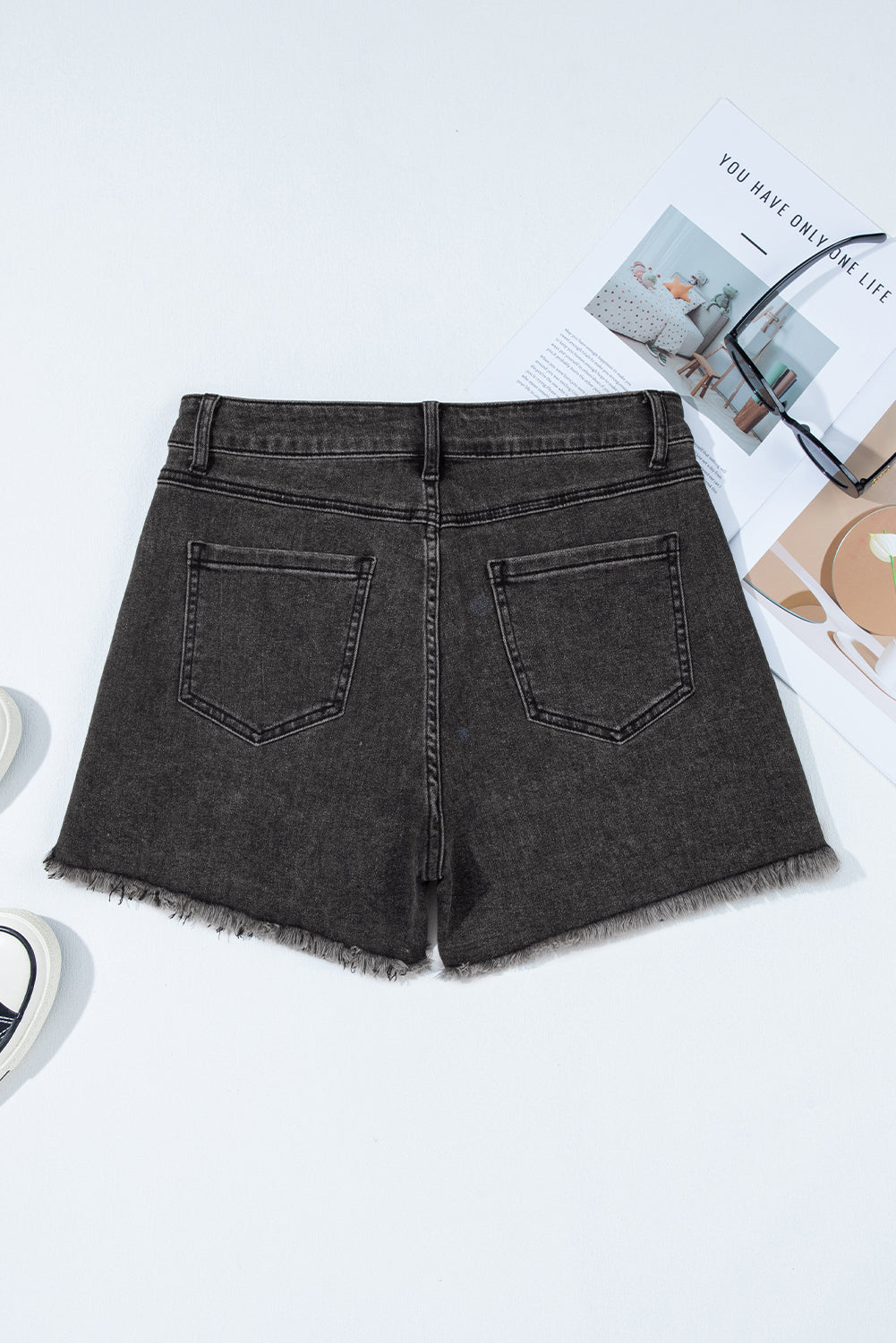 Carbon Grey Raw Hem High Waist Denim Shorts Denim Shorts JT's Designer Fashion