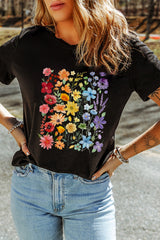 Black Beautiful Flower Print Cotton Blend Casual Tee Graphic Tees JT's Designer Fashion