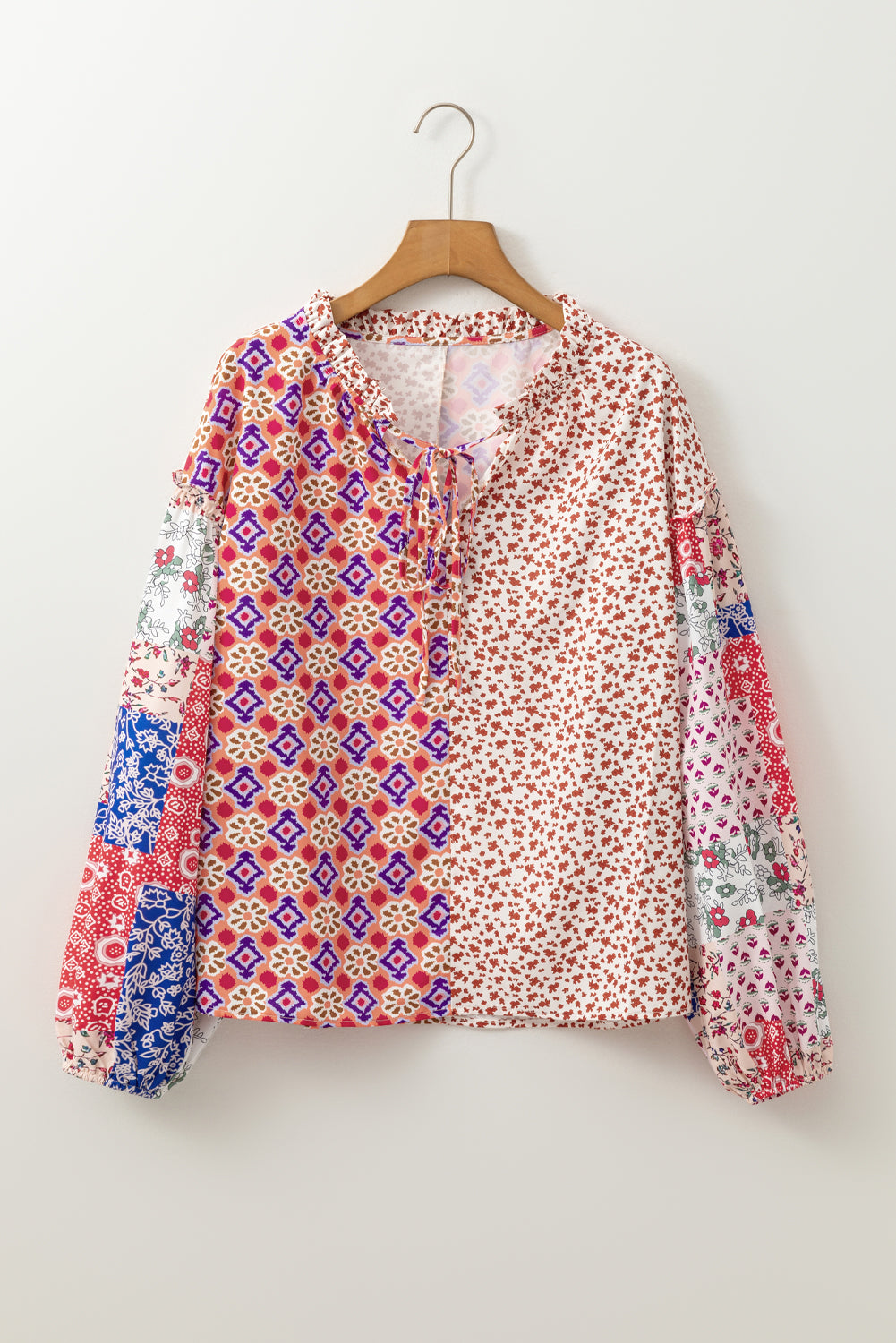 Orange Mixed Floral Printed Long Sleeve Tied V Neck Blouse Blouses & Shirts JT's Designer Fashion