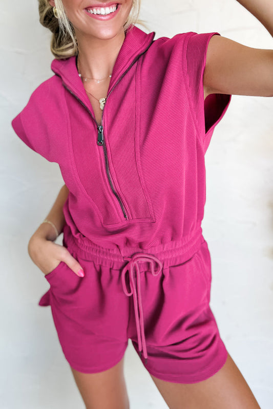 Rose Red Textured Short Sleeve Half Zip Drawstring Waist Romper Bottoms JT's Designer Fashion