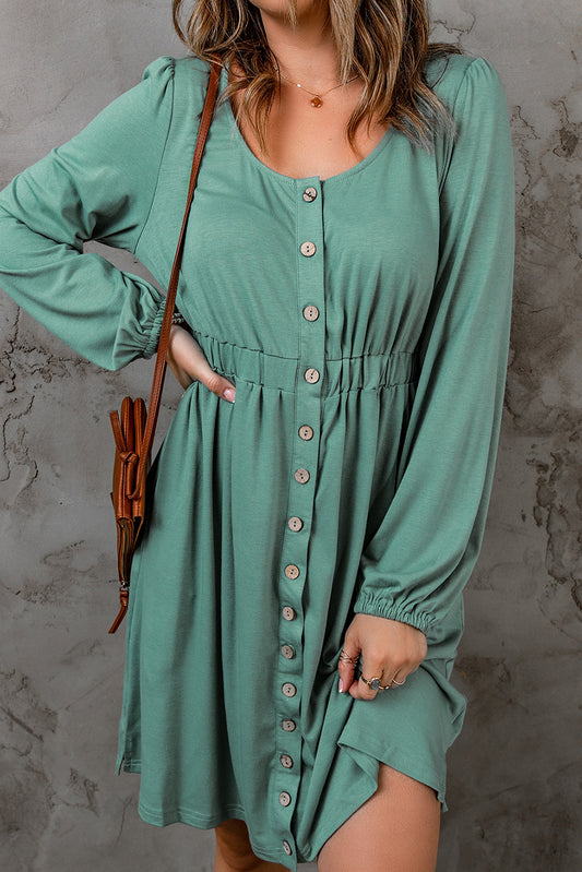 Green Button Up High Waist Long Sleeve Dress Midi Dresses JT's Designer Fashion