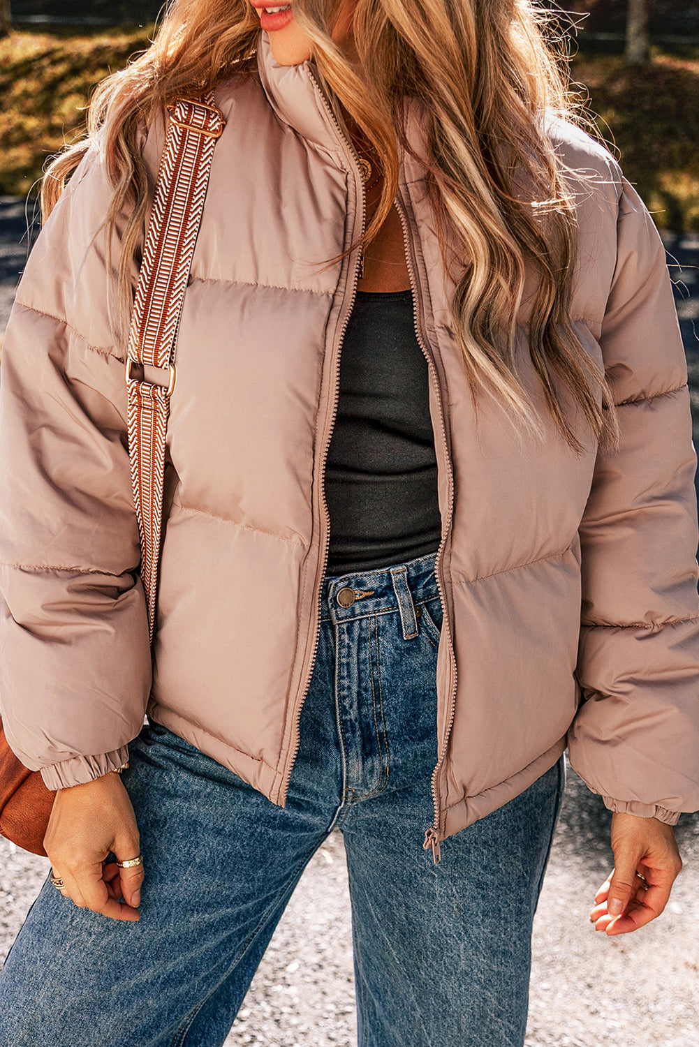 Apricot Pink Full Zipper Quilted Puffer Jacket Jackets JT's Designer Fashion