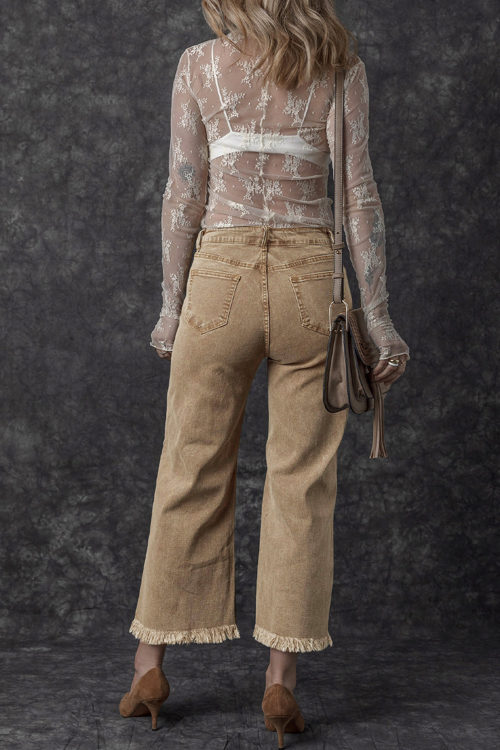 Light French Beige Acid Washed High Rise Cropped Wide Leg Jeans Jeans JT's Designer Fashion