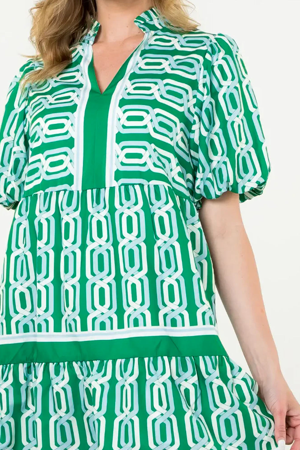 Bright Green Abstract Patterned V Neck Puff Short Sleeve Mini Dress Mini Dresses JT's Designer Fashion