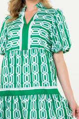 Bright Green Abstract Patterned V Neck Puff Short Sleeve Mini Dress Mini Dresses JT's Designer Fashion