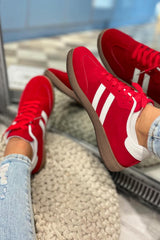Fiery Red Vintage Striped Patchwork Lace-up Flat Shoes Women's Shoes JT's Designer Fashion