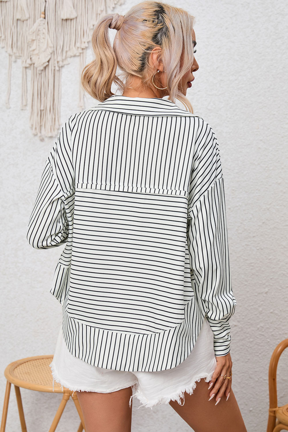White Striped Thumbhole Drop Shoulder V Neck Top Long Sleeve Tops JT's Designer Fashion