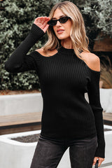 Black Ribbed Knit Cold Shoulder Choker Neck Sweater Black 52%Viscose+26%Polyester+22%Polyamide Sweaters JT's Designer Fashion