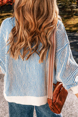 Dark Blue Striped Textured Knit Contrast Edge Loose Sweater Sweaters JT's Designer Fashion