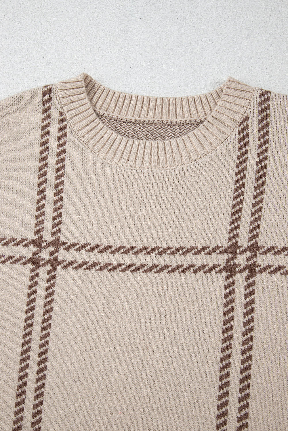 Khaki Plaid Pattern Knitted Drop Shoulder Sweater Sweaters JT's Designer Fashion