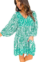 Green Bohemian Print Puff Sleeve Tied V Neck Flared Mini Dress Mini Dresses JT's Designer Fashion