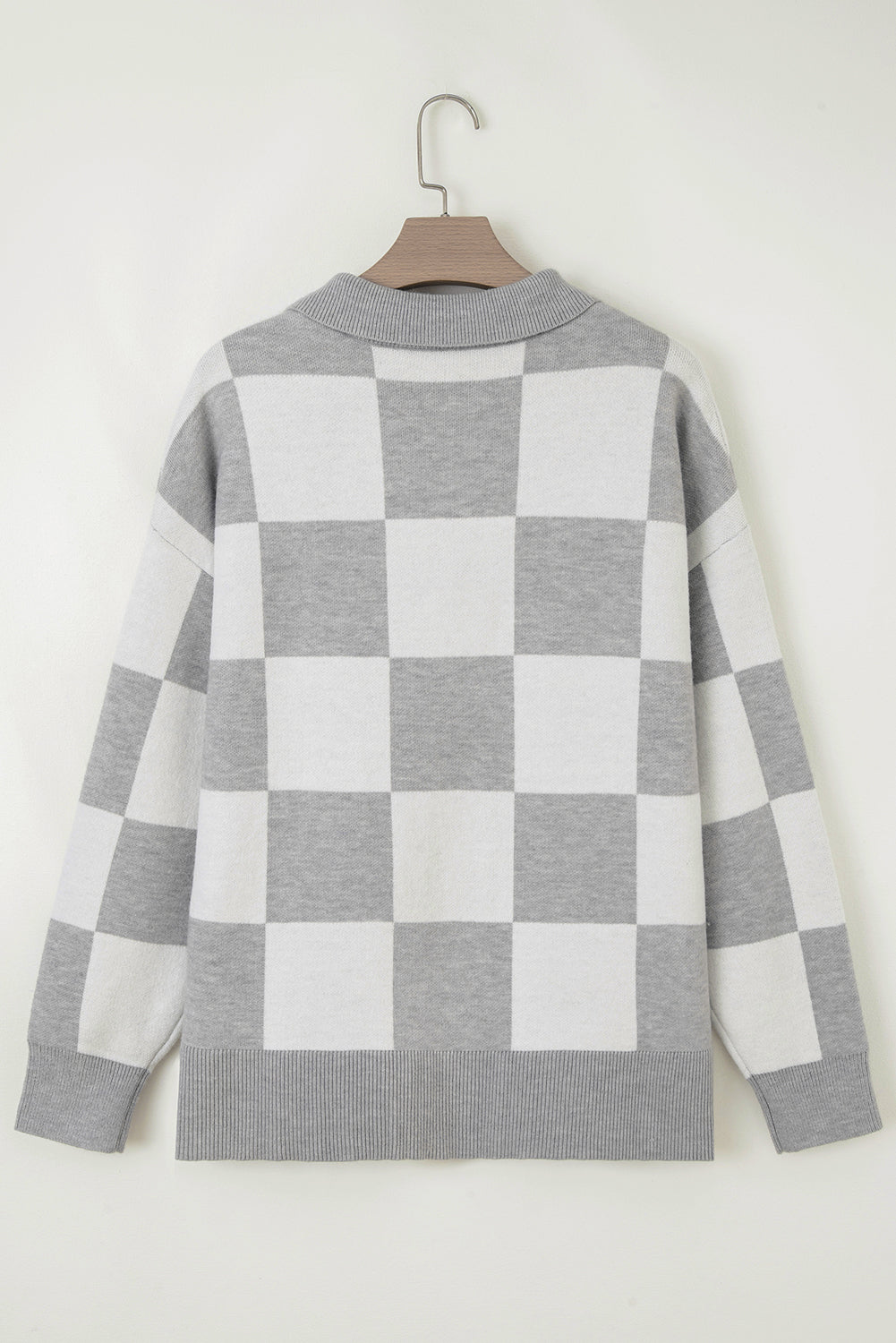 Gray Plus Size Checkered Pattern Button Polo Collar Split Sweater Plus Size Sweaters & Cardigans JT's Designer Fashion