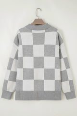 Gray Plus Size Checkered Pattern Button Polo Collar Split Sweater Plus Size Sweaters & Cardigans JT's Designer Fashion