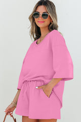 Bonbon Solid Loose V Neck Half Sleeve Tee and Shorts Short Sets JT's Designer Fashion
