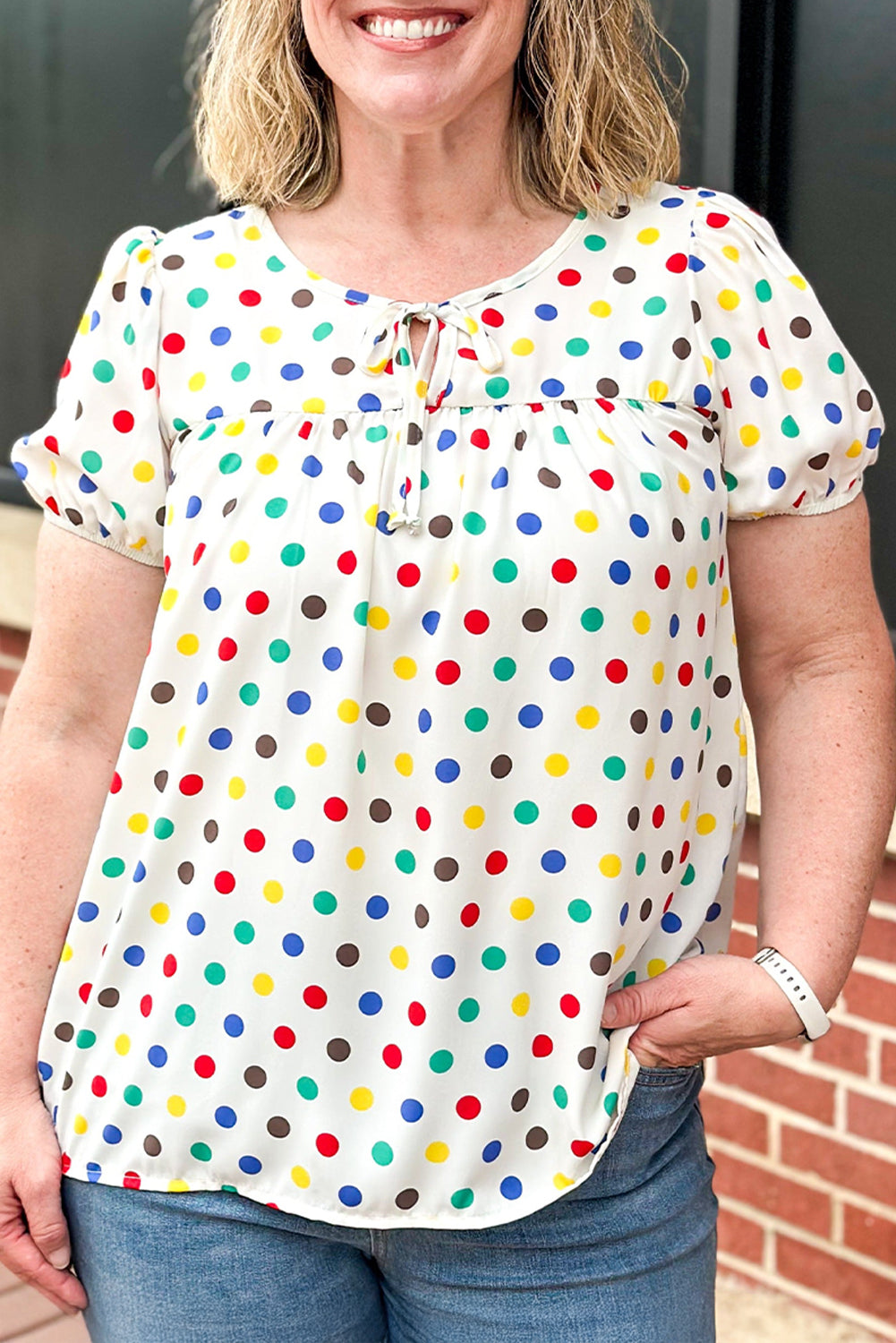 Apricot Plus Size Colorful Polka Dots Tie Neck Puff Sleeve Blouse Apricot 100%Polyester Plus Size Blouses & Shirts JT's Designer Fashion