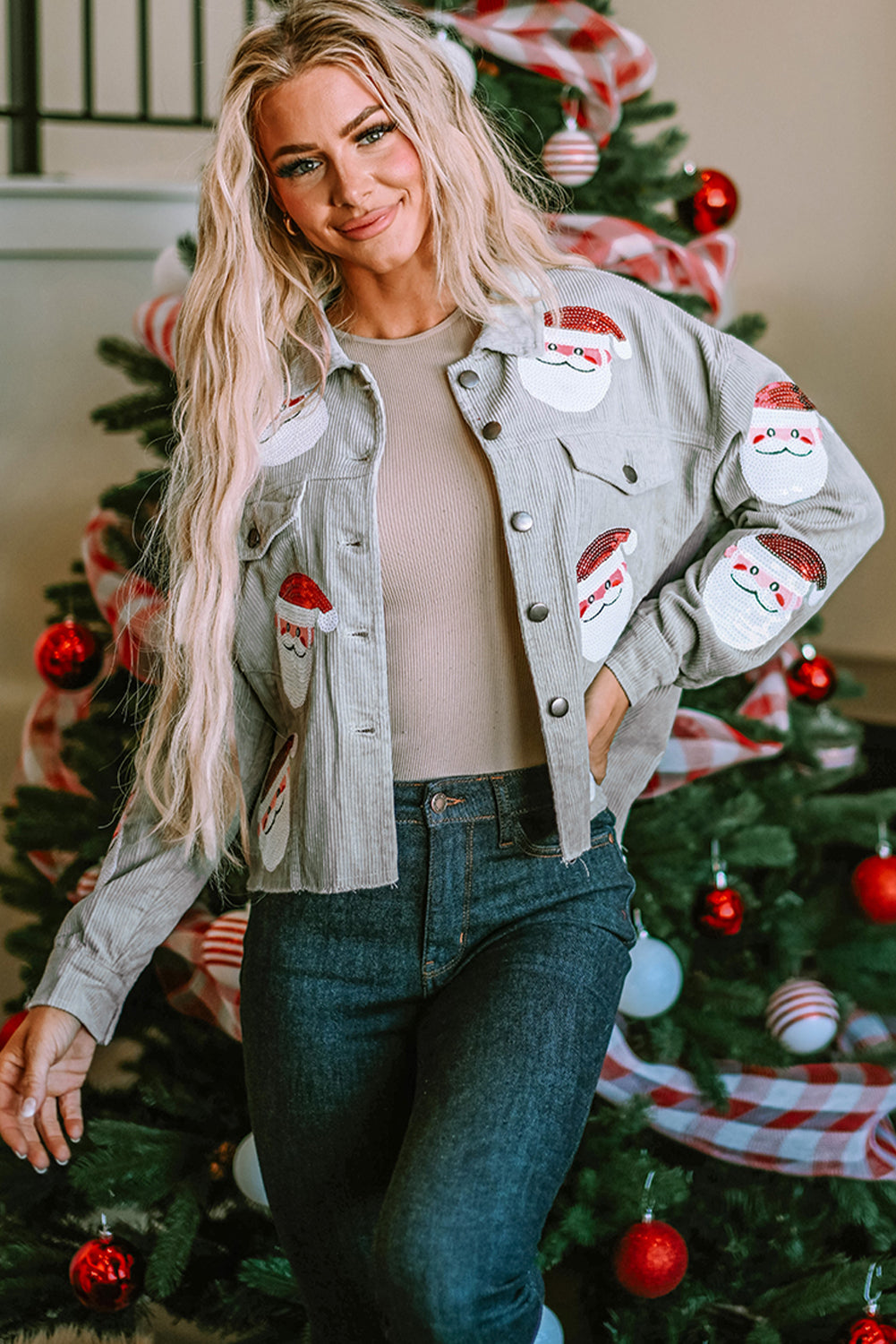 Sky Blue Sequined Santa Claus Flap Pocket Corduroy Jacket Sky Blue 100%Cotton Jackets JT's Designer Fashion
