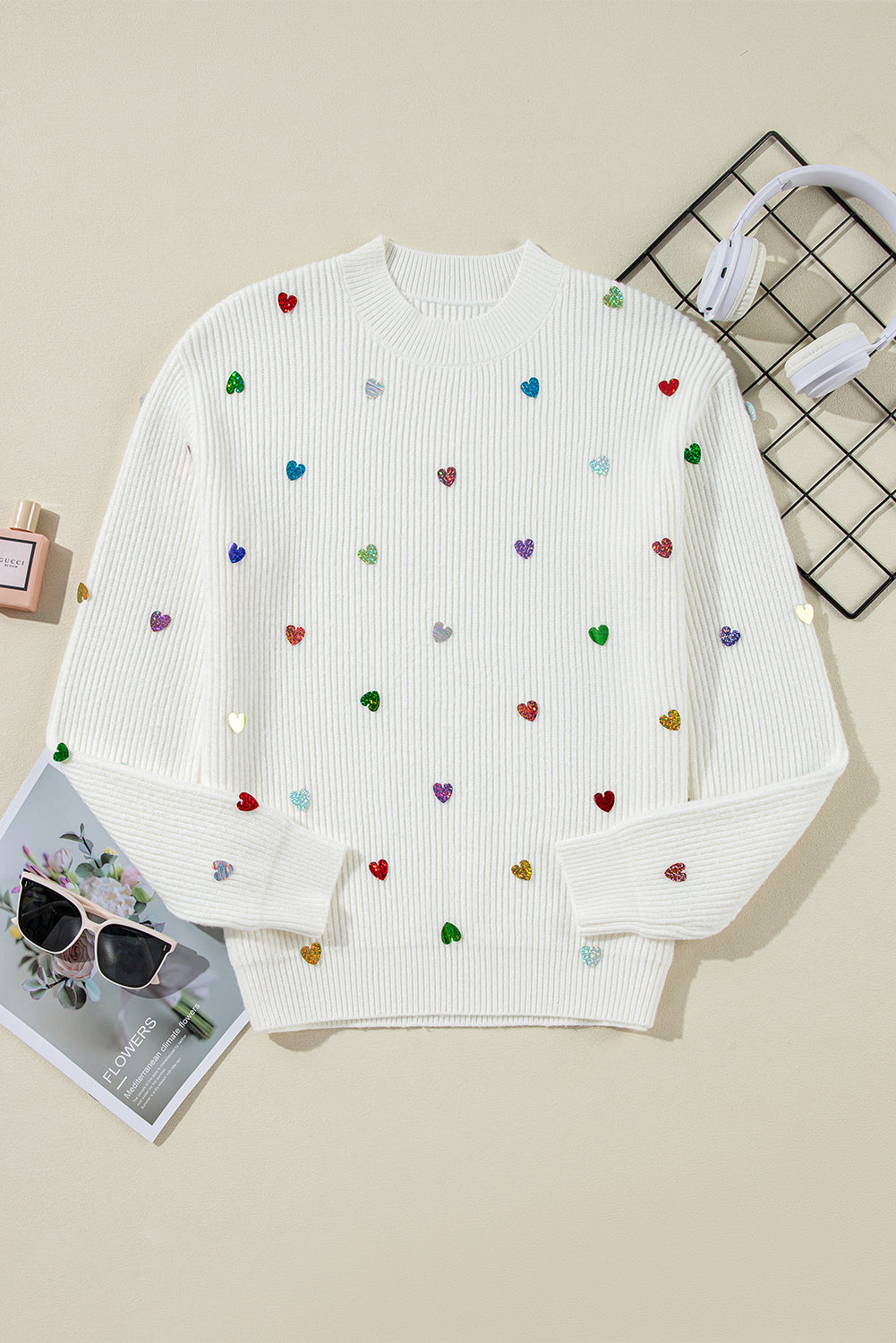 Beige Sequin Heart Shape Waffle Knit Round Neck Sweater Sweaters JT's Designer Fashion