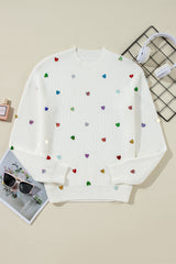 Beige Sequin Heart Shape Waffle Knit Round Neck Sweater Sweaters JT's Designer Fashion