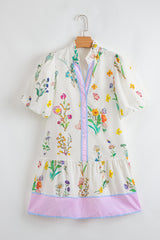 White Floral Print Contrast Striped Patchwork Short Puff Sleeve Dress Floral Dresses JT's Designer Fashion