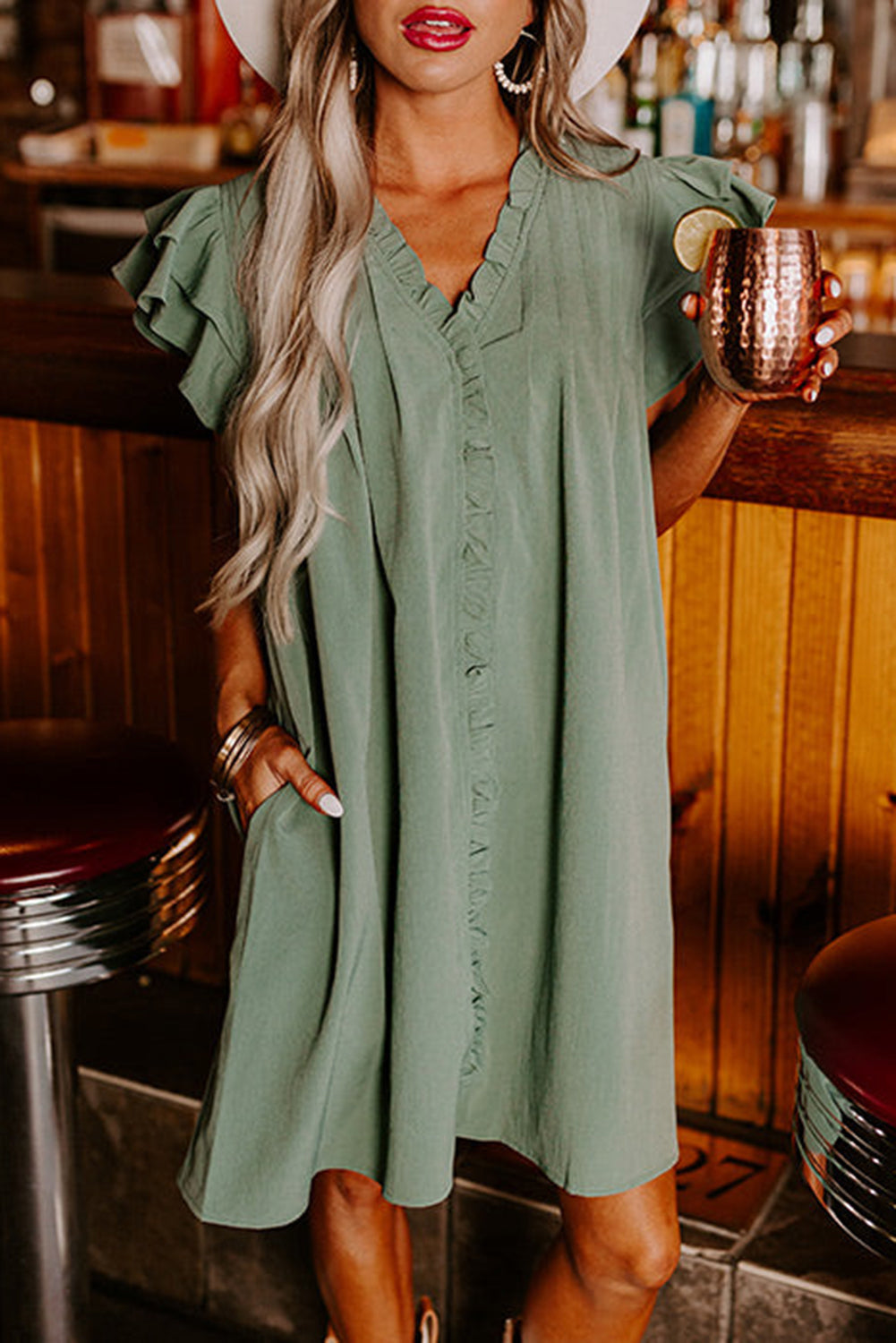 Mist Green Ruffle Sleeve V Neck Frilled Shift Dress Dresses JT's Designer Fashion