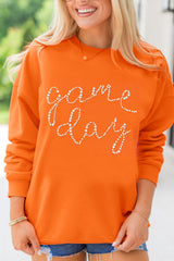 Orange Rhinestone game day Pattern Drop Shoulder Sweatshirt Orange 50%Polyester+50%Cotton Graphic Sweatshirts JT's Designer Fashion