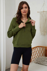 Moss Green Quarter Zip Stand Neck Kangaroo Pocket Sweatshirt Sweatshirts & Hoodies JT's Designer Fashion