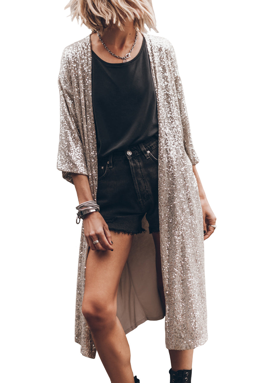 Apricot Sequin 3/4 Sleeve Open Front Duster Kimono Kimonos JT's Designer Fashion