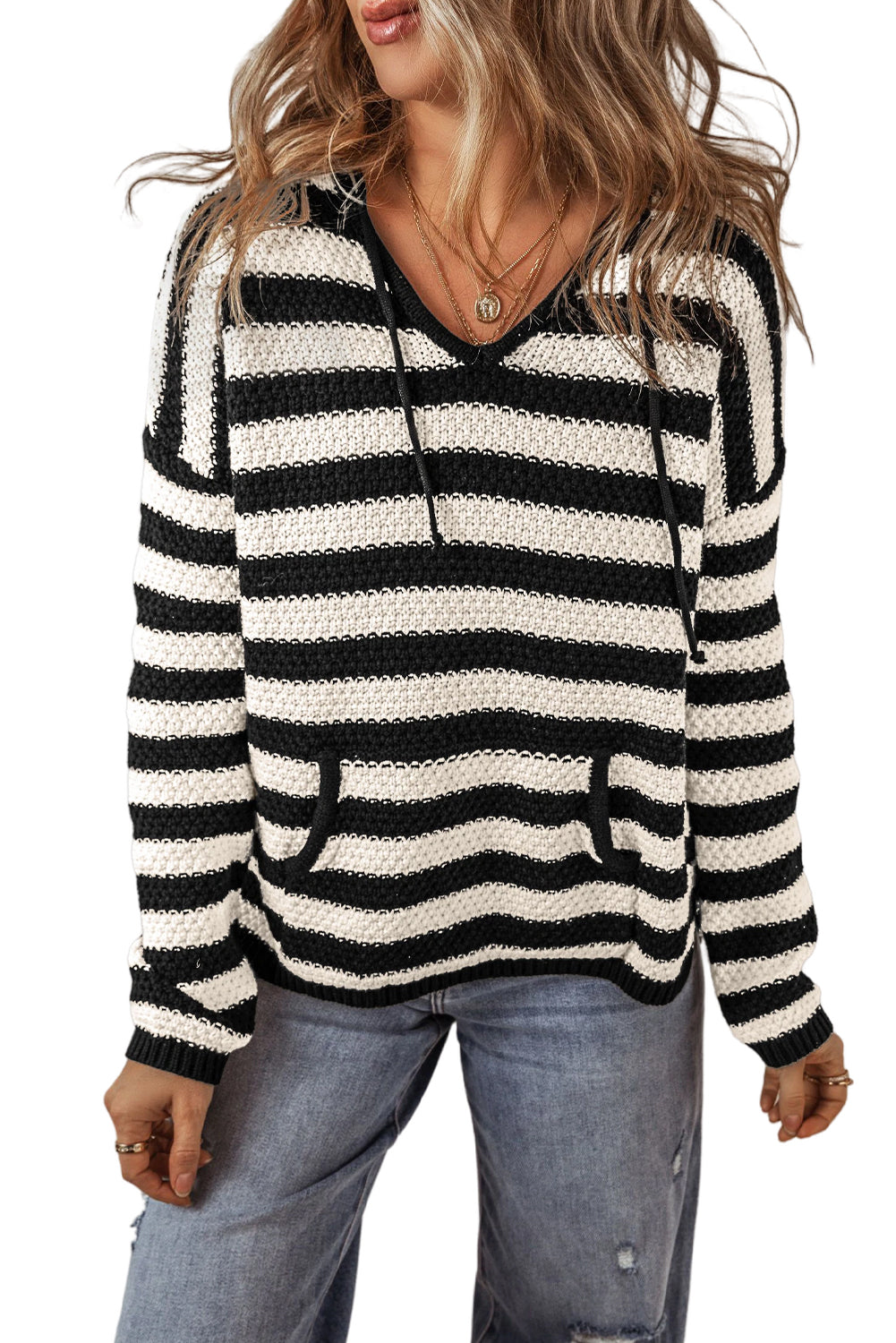 White Stripe V Neck Pocketed Drawstring Hooded Sweater Sweaters JT's Designer Fashion