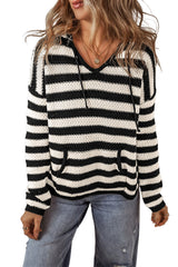 White Stripe V Neck Pocketed Drawstring Hooded Sweater Sweaters JT's Designer Fashion