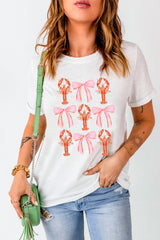 White Crawfish Bow Printed Summer T Shirt Graphic Tees JT's Designer Fashion