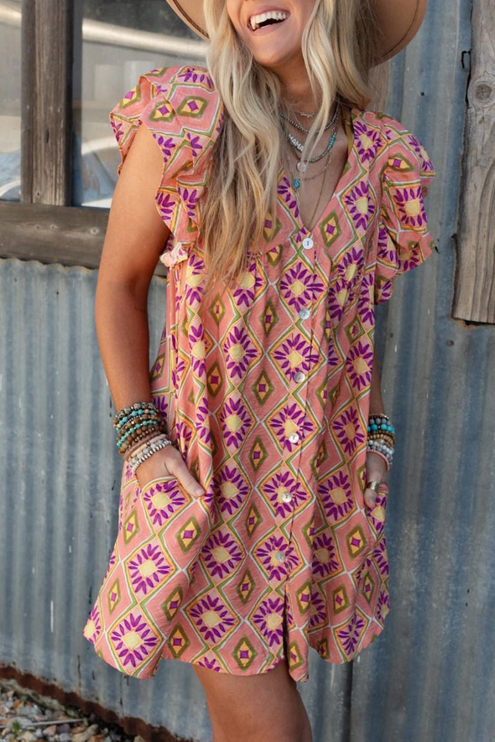 Orange Geometric Floral V Neck Buttoned Ruffled Sleeve Mini Dress Mini Dresses JT's Designer Fashion