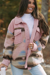 Pink Western Aztec Print Sherpa Splicing Buttoned Flap Pocket Coat Jackets JT's Designer Fashion