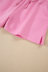 Strawberry Pink Color Block Pullover and Lace-up Elastic Waist Shorts Set Short Sets JT's Designer Fashion