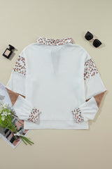 White Leopard Patchwork Turn-down Collar Waffle Top Long Sleeve Tops JT's Designer Fashion