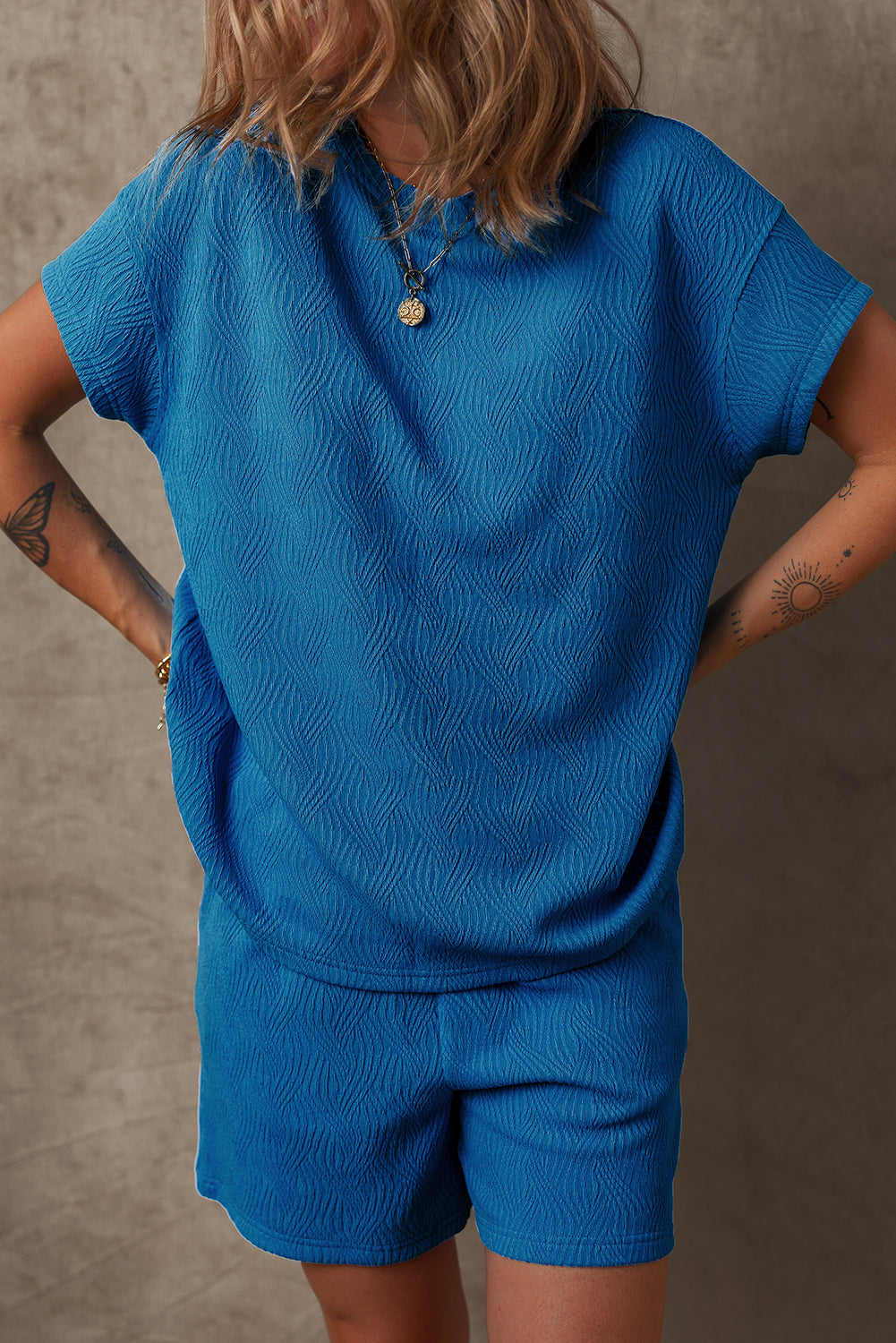 Bluing Solid Textured Crew Neck Short Set Bluing 95%Polyester+5%Elastane Short Sets JT's Designer Fashion