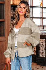 Khaki Striped Color Block Brushed Knit Bow Tie Front Sweater Cardigan Cardigans JT's Designer Fashion