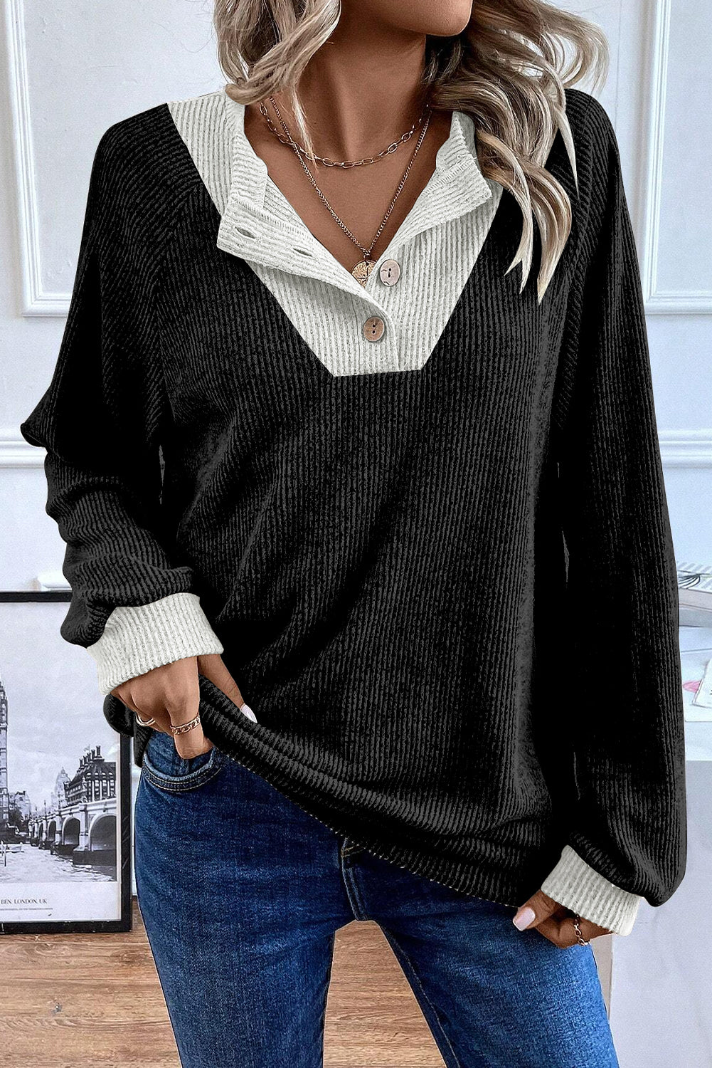 Black Color Contrast Ribbed Loose Fit Long Sleeve Top Long Sleeve Tops JT's Designer Fashion