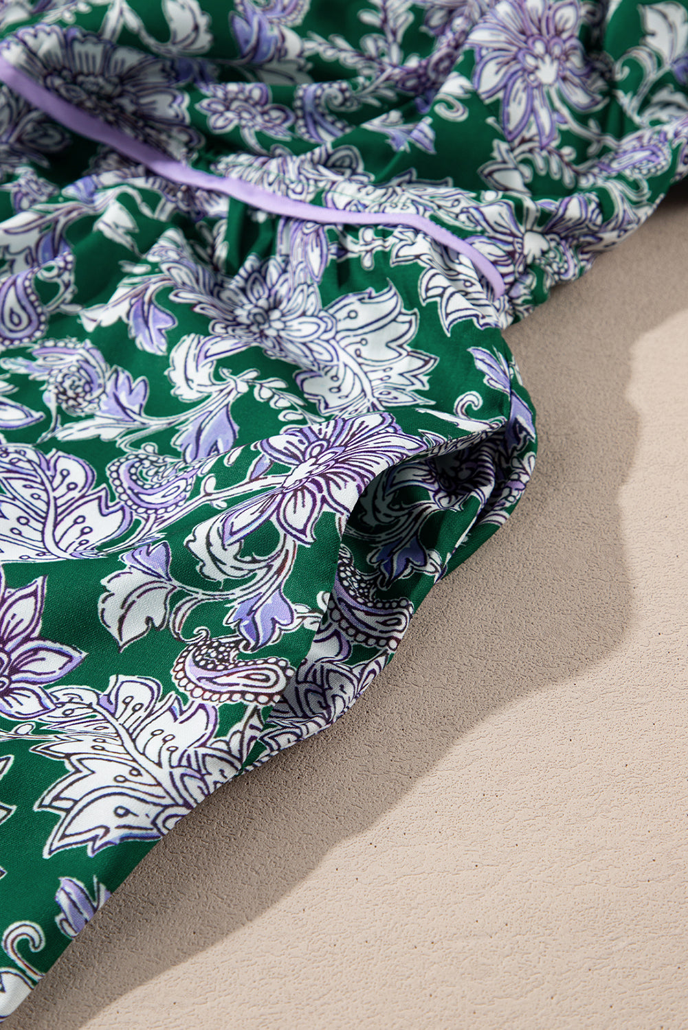 Green Floral Print Piping Trim Bubble Sleeve Square Neck Dress Floral Dresses JT's Designer Fashion