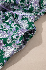 Green Floral Print Piping Trim Bubble Sleeve Square Neck Dress Floral Dresses JT's Designer Fashion