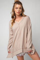 Apricot Exposed Seam V Neck Split Hem Tunic Top Long Sleeve Tops JT's Designer Fashion