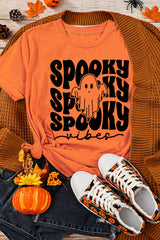 Orange SPOOKY Vibe Ghost Print Crewneck Halloween T Shirt Graphic Tees JT's Designer Fashion