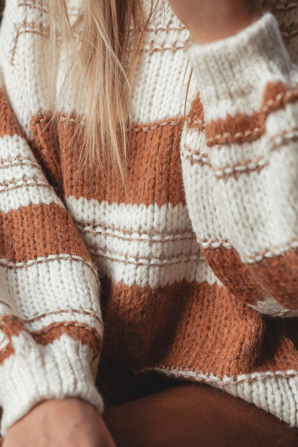White Striped Knit Puff Sleeve Casual Sweater Sweaters JT's Designer Fashion