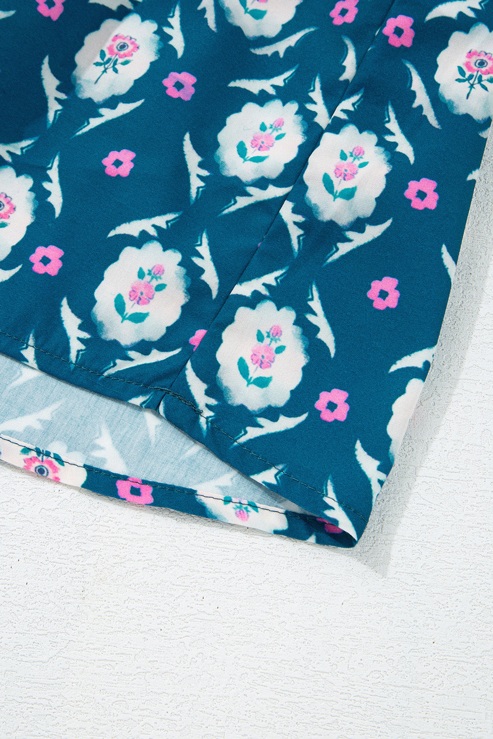 Blue Retro Floral Print Split Neck Ruffle Short Sleeve Dress Floral Dresses JT's Designer Fashion