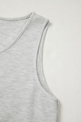Light Grey Waffle Knit Sleeveless Buttoned Front Drawstring Waist Romper Jumpsuits & Rompers JT's Designer Fashion