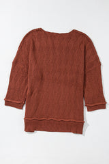 Gold Flame Solid Color Textured Crew Neck Loose Sweater Sweaters JT's Designer Fashion