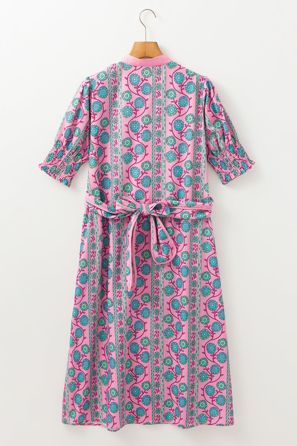 Pink Floral Shirred Puff Sleeve Buttoned Front Midi Dress with Sash Midi Dresses JT's Designer Fashion
