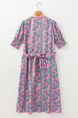 Pink Floral Shirred Puff Sleeve Buttoned Front Midi Dress with Sash Midi Dresses JT's Designer Fashion